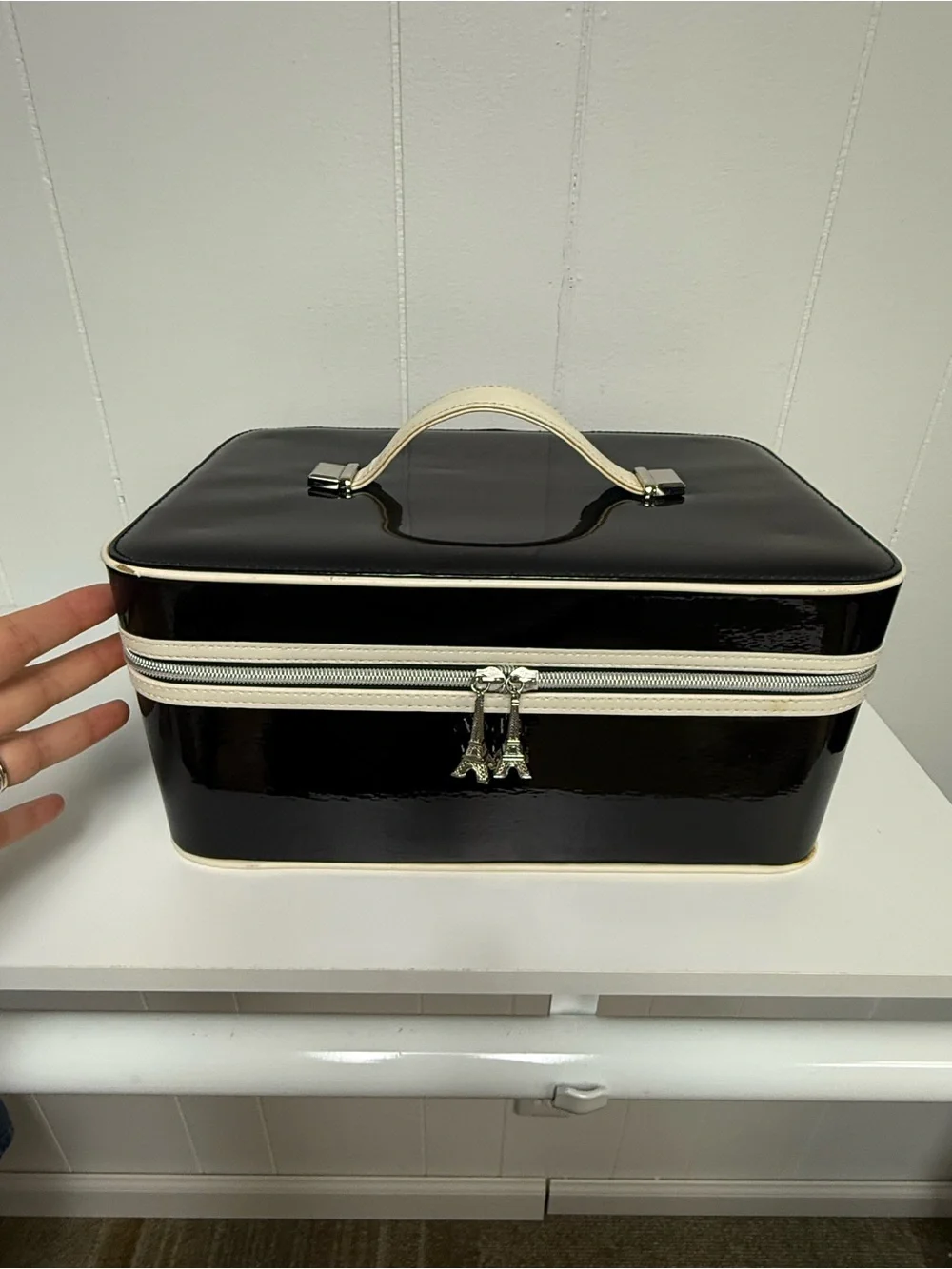 Vintage Lancôme Makeup Train Case | Black Cream Red | Eiffel Tower Zipper Charms